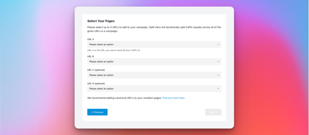 A screenshot of the Split Hero application showing how to select pages for creating an AB split testing campaign.