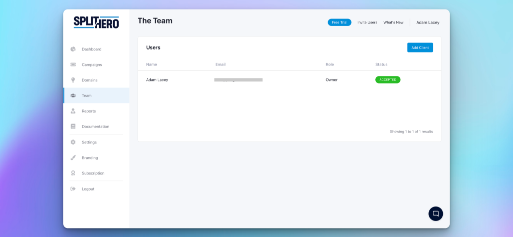 Screenshot of the team page from the Split Hero application.